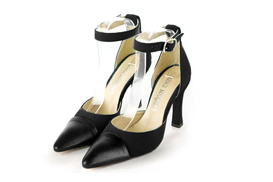 Dress heels closed-back ankle strap in satin black and matt black leather with high spool heels and tapered toe - Front view